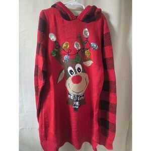 NO Boundaries Red Nosed  Reindeer Christmas Sweater W/Hood Women's Sz M (7-9)